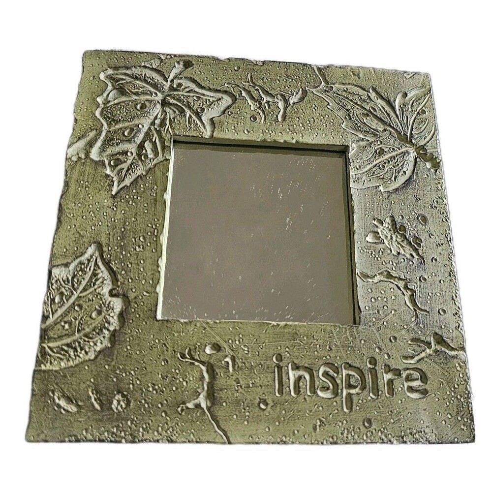 Small 6" Wall Accent Mirror Square Stone Texture Leaf Engravings "Inspire"